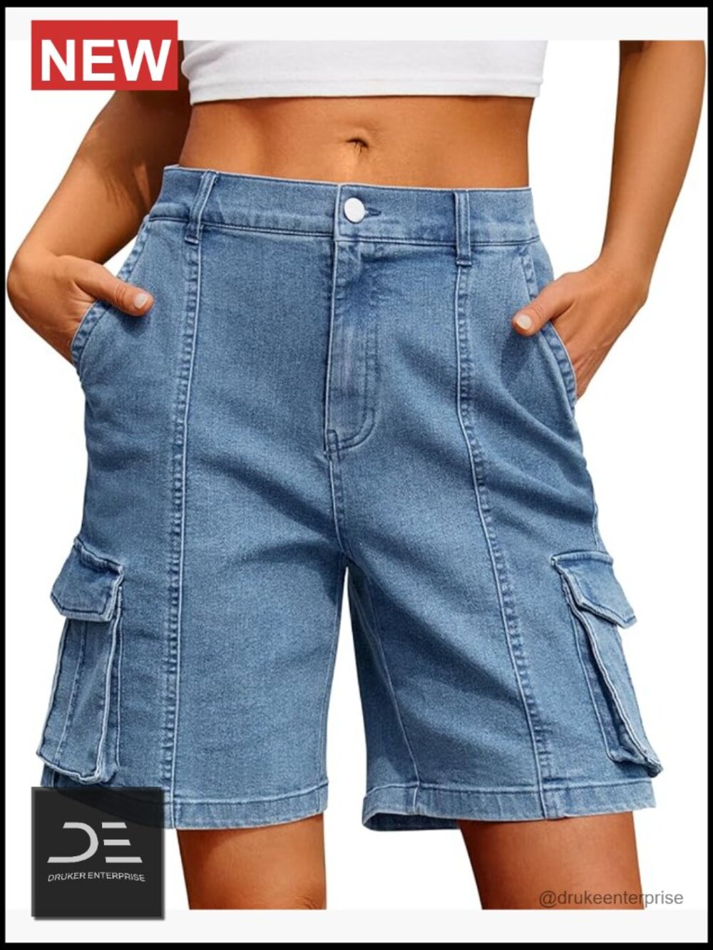 Bermuda Cargo Shorts for Women Knee Length 6 Pockets Elastic Waist Summer